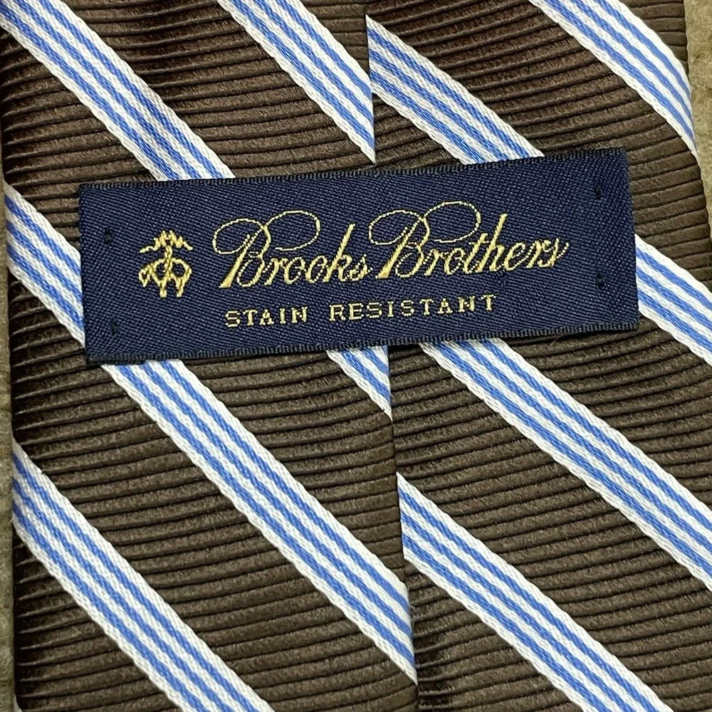 Brooks Brothers Men's Repp Tie Brown & Blue Striped Stain Resistant 100%‎ Silk